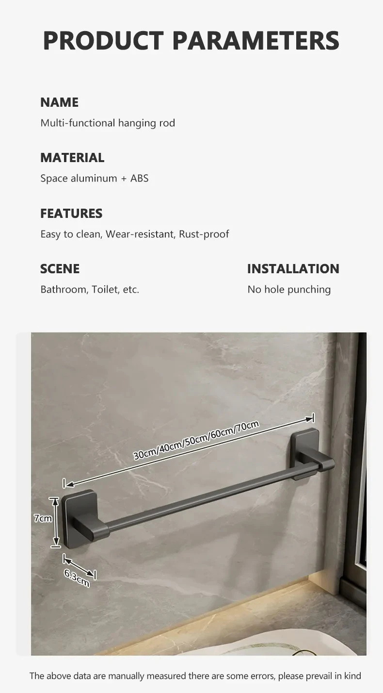 Description Picture 3 of itemBathroom Punch-free Gun Gray Single Pole Towel Bar Space Aluminum Bathroom Towel Rack Bathroom Toilet Towel Rack Hanging Rod