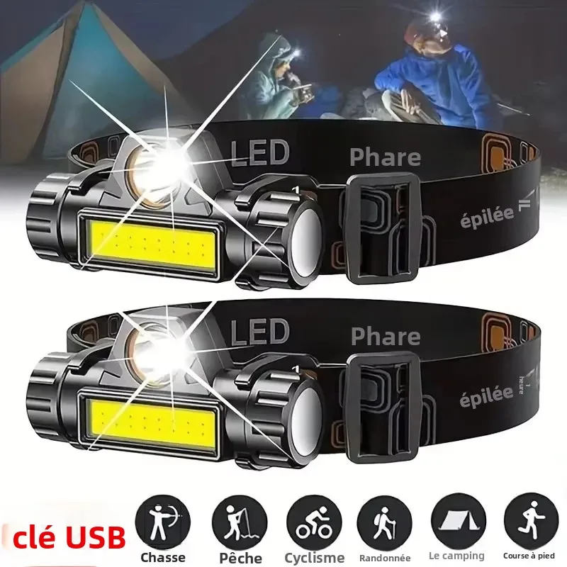 Lampe frontale COB LED USB rechargeable puissante et étanche pour la pêche de nuit en extérieur