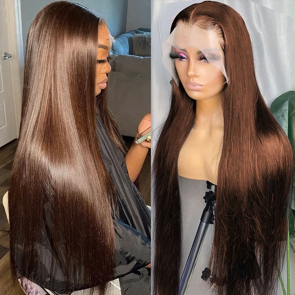 Model wearing chocolate brown straight wig
