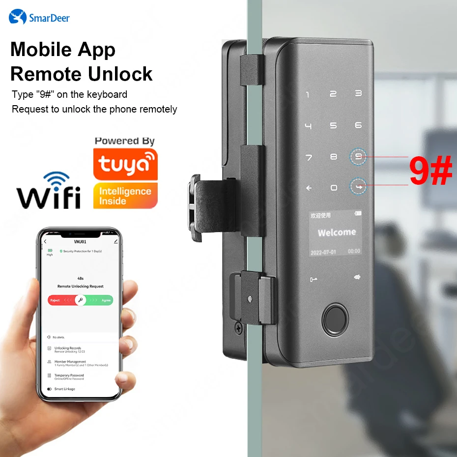 SmarDeer smart Lock with Glass door Biometric Fingerprint Lock for Tuya App Keyless entry Fingerprint/Password/NFC/Card/Key/App