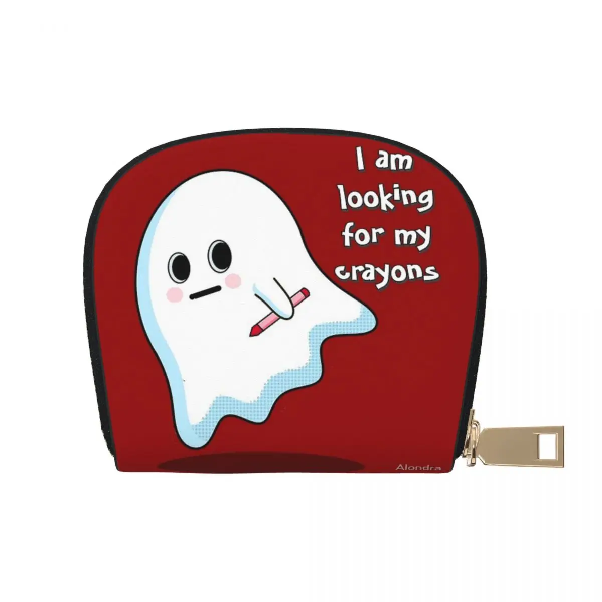 

Cute Little Flying Ghost Looking For Crayons Leather Card Case With Zip Portable 9x11cm