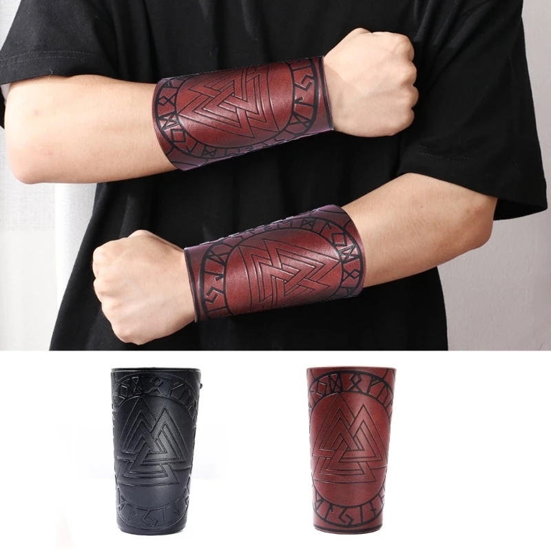 Medieval Gothic Armor Wrist Bracers with Rivet Decor Punk Knight Renaissance Pirate Knights PU Lace-Up Wristband