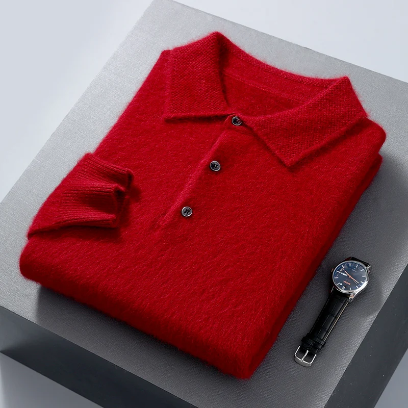 Men's Mink Cashmere Knitted Basic Sweater Polo Neck Casual Loose Large Size Long Sleeve 23 Winter Korean Version