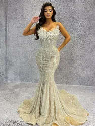 Luxury Mermaid Evening Dresses Sleeveless V Neck Strapless Sequins Beaded Appliques 3D Lace Diamonds Prom Dresses Custom Made