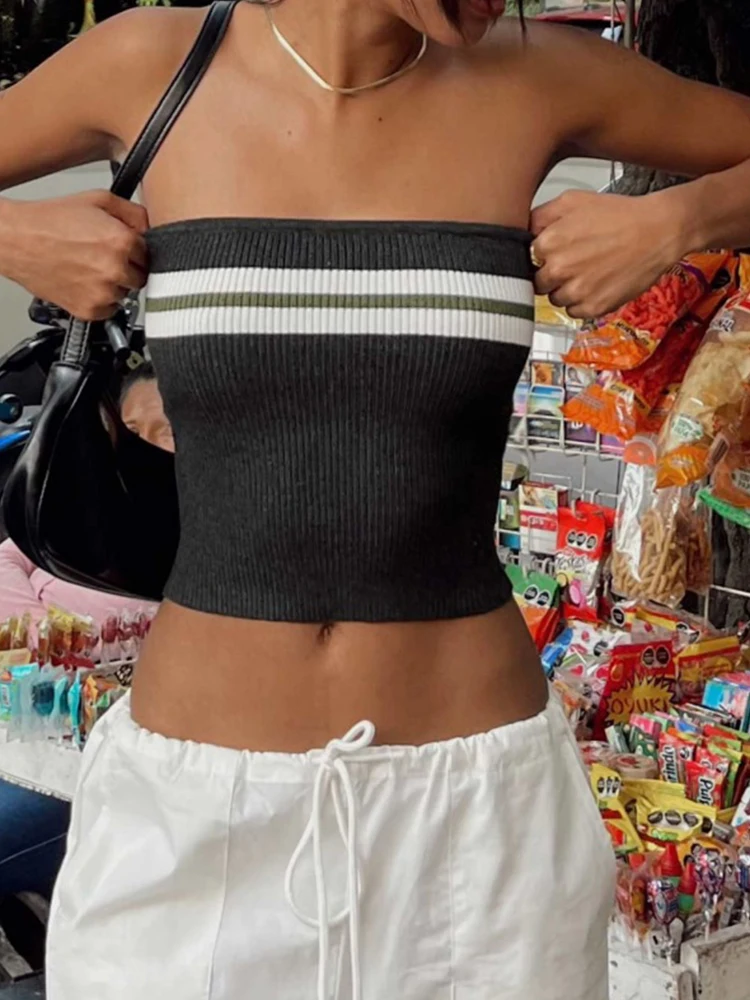 

Tube Crop Tops Knitted Women Sleeveless Slim Straplrss Tank Tops Sexy Fashion Steetwear 2023 Summer Y2K Stripes