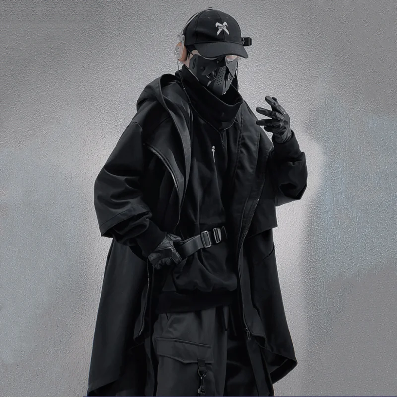 Irregular Design Tactical Function Trench Coat Mens Clothing Y2K Techwear High Street Mid-length Techwear Outerwear