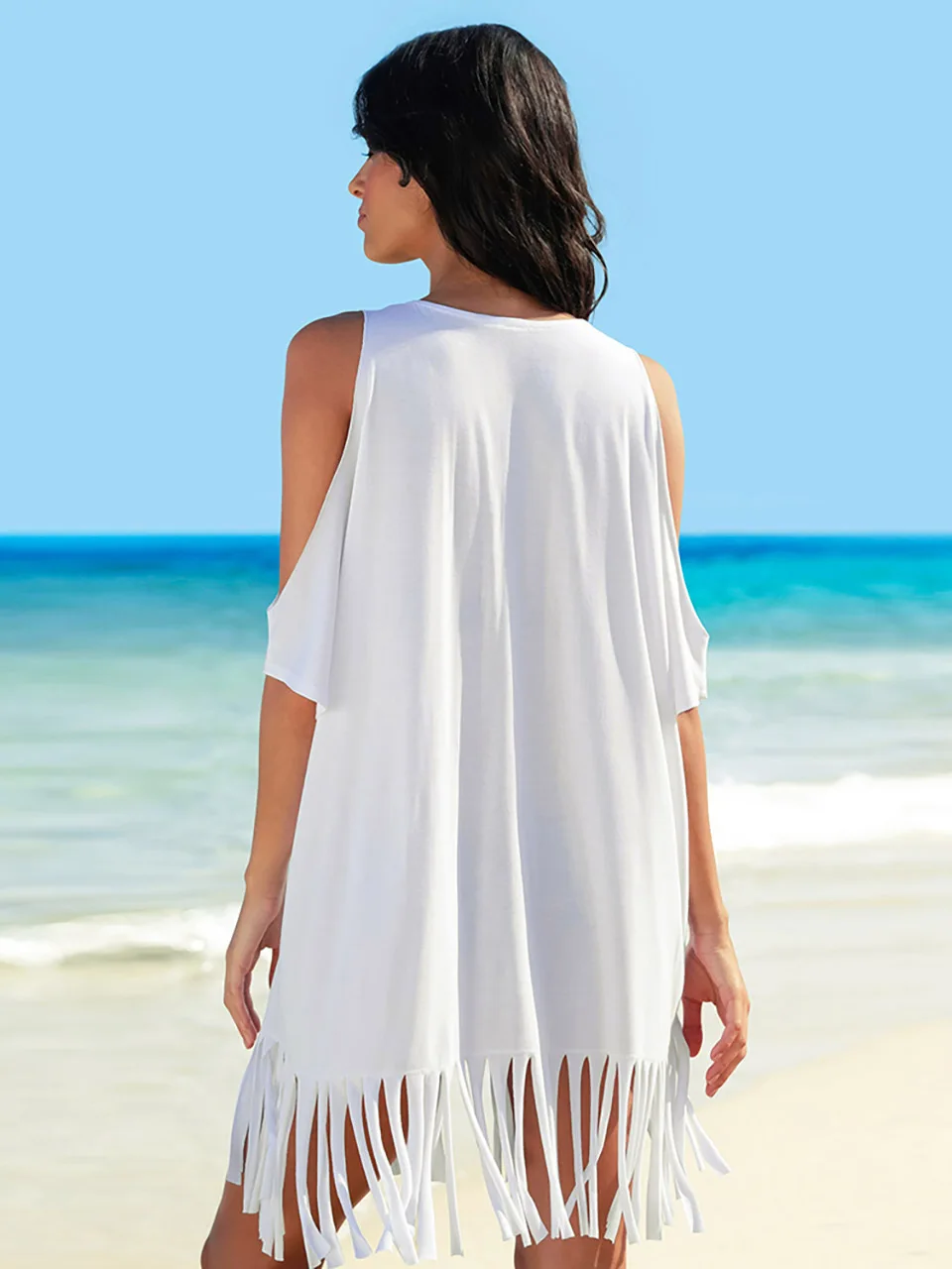 White Printed Beach Women Bikini Cover Up Pareo Dress Sexy Off Shoulder Fringed Loose Tops Woman Outfits Summer Mini Dresses