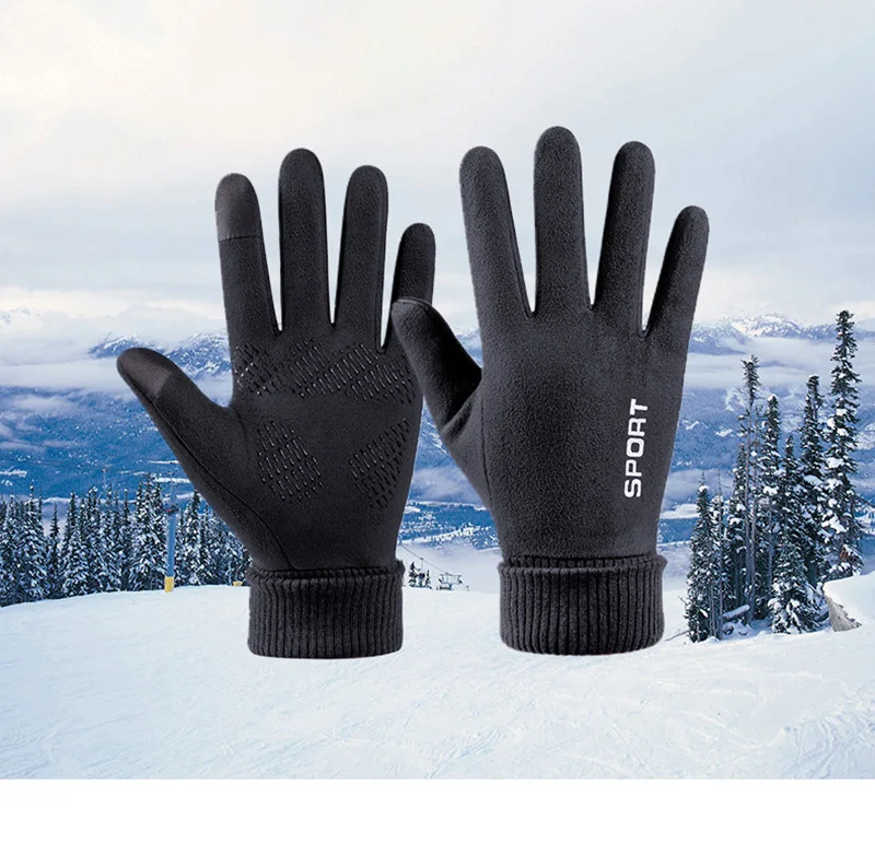 Men Winter Suede Leather Plush Thick Half Finger Touch Screen Warm Driving Glove Men's Sport Letter Cycling Riding Mitten P10