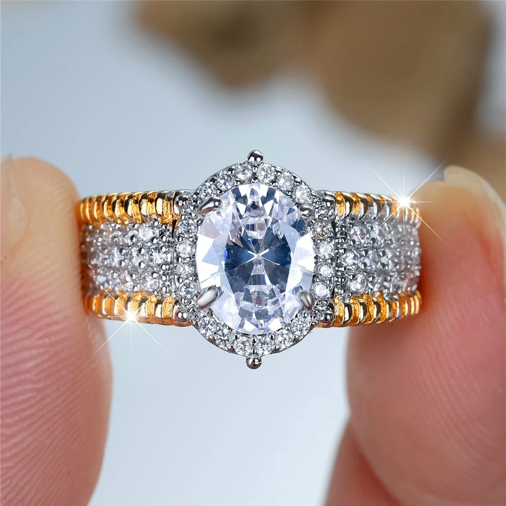 Cute Female White Zircon Stone Oval Engagement Rings For Women Silver Gold Color Wedding Bands Jewelry Party Gifts