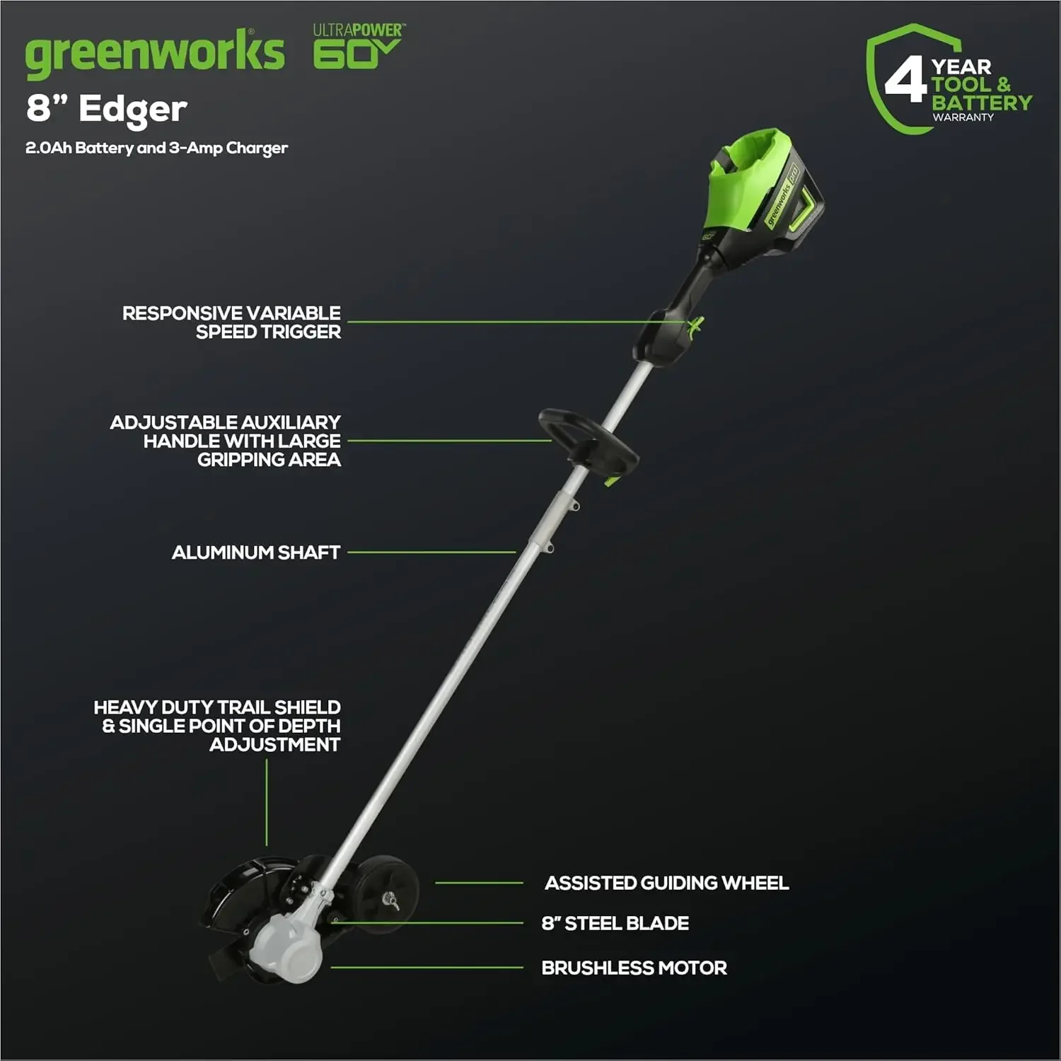 60V 8" Brushless Cordless Edger 2.0 Ah Battery and Charger Included with Curb Wheel Perfect Edging Every Time 2