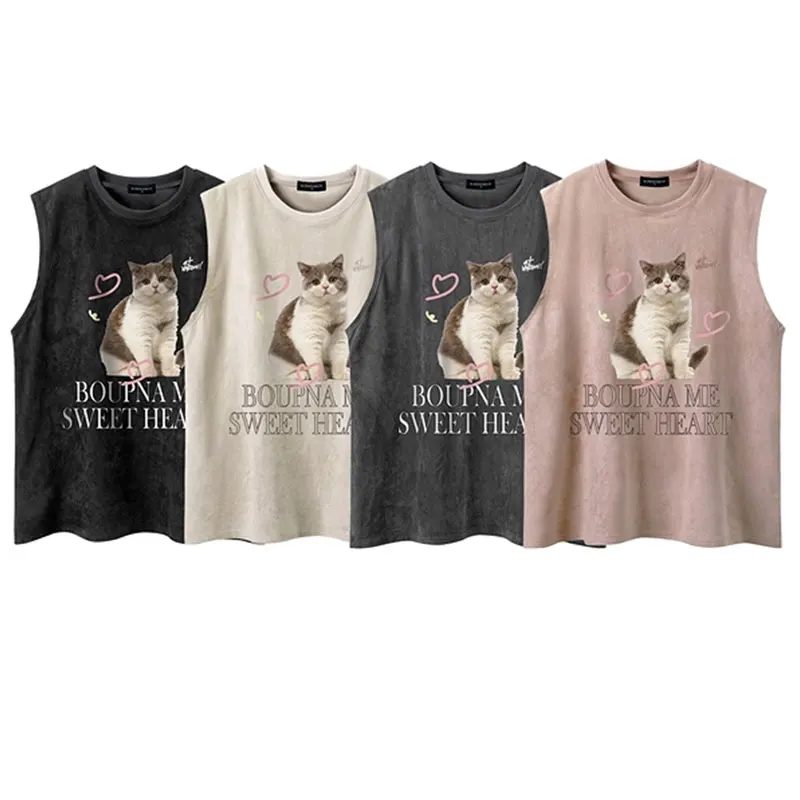 

American Retro Tee Cat Sleeveless Vest Chill T-shirt Couple with The Same Model Kitten American Vintage Vests Tshirt