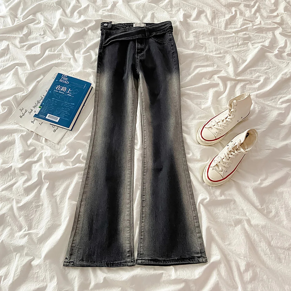 

Джинсовые брюки-клеш Женские с завышенной талией, Модные Винтажные облегающие брюки из денима с градиентным переходом цветов, уличная одежда, черные, весна-осень