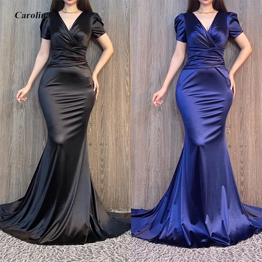 

Mermaid V-Neck Long Prom Gown Satin Elegant Backless Occasion Dress Robe De Soirée Women Short Sleeves Evening Party Dress