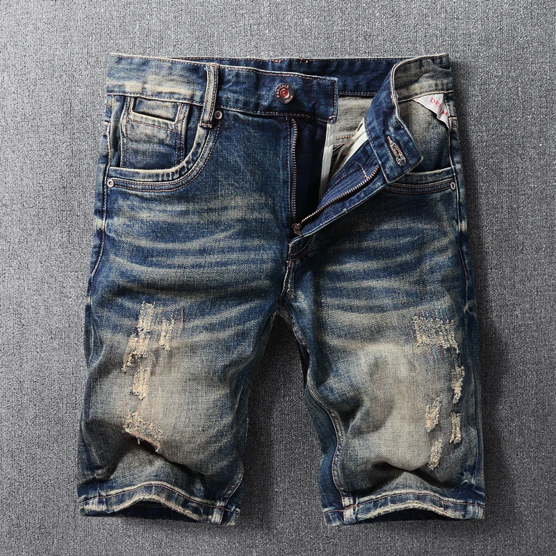 Summer Fashion Designer Men Jeans Retro Black Blue Elastic Patchwork Slim Ripped Jeans Homme Embroidery Vintage Denim Shorts Men