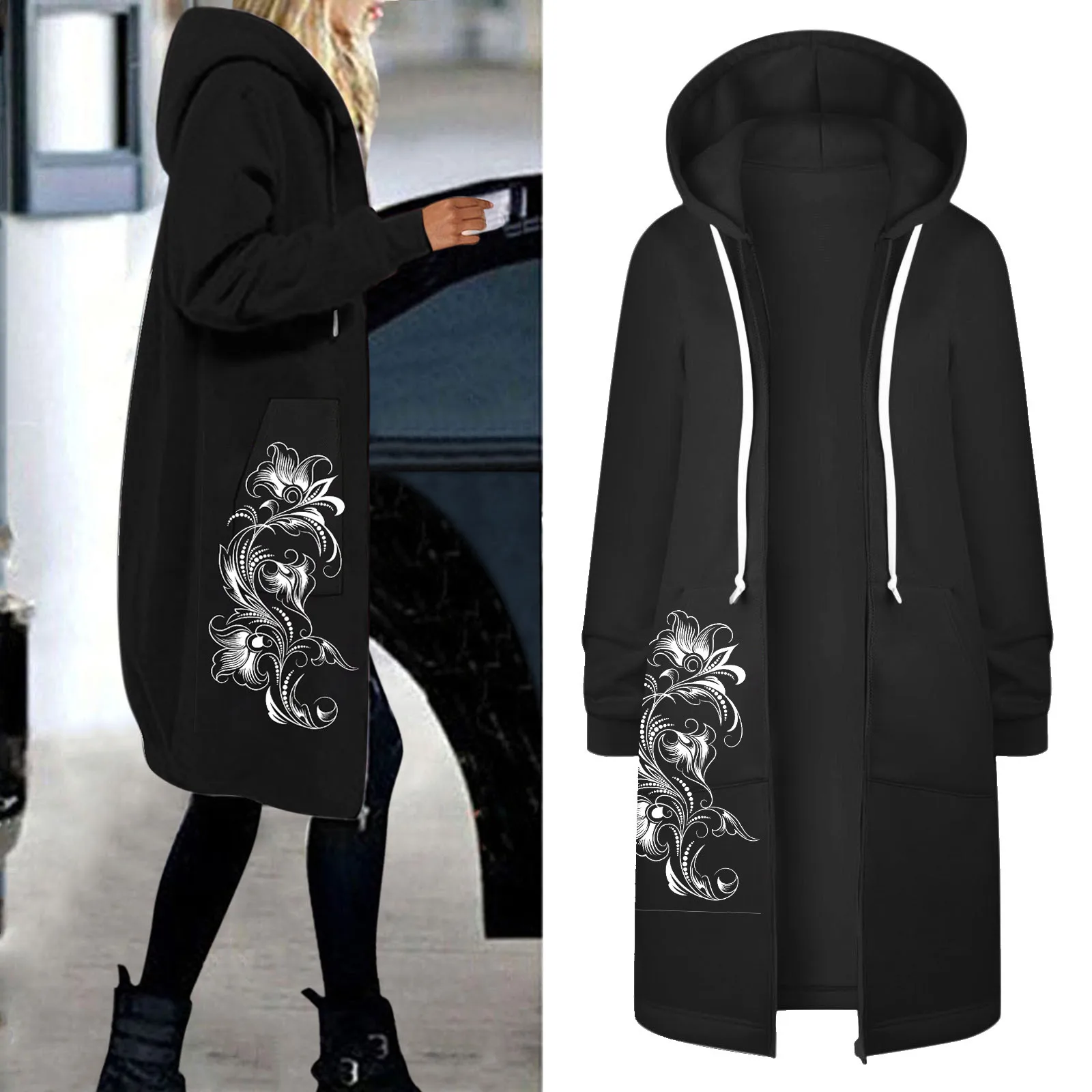 

Женское пальто средней длины с цветочным принтом, длинным рукавом и капюшоном