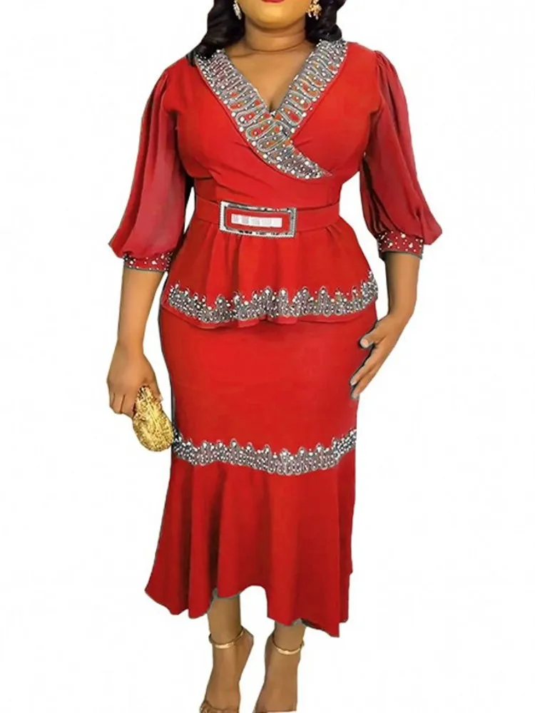 

Two Piece Set African Clothing For Women Skirt Outfit Dashiki Fashion Suit Hot Diamond Top Midi Skirt Party Lady Matching Sets