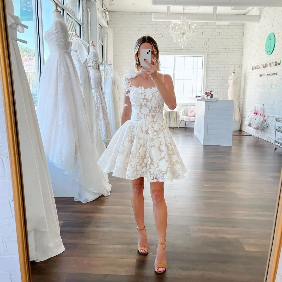 Customized Romantic Sweetheart Puffy Mini Wedding Dress Spaghetti Straps 3D  Flowers Embroidered Lace Up Strapped Bridal Gowns - AliExpress 320