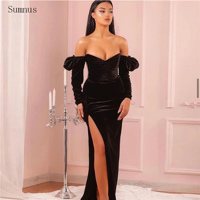 Sumnus Vintage Black Evening Dresses Full Sleeves Glitter High Neck Velour Long Mermaid Robes De Soirée Serene Hill Dresses