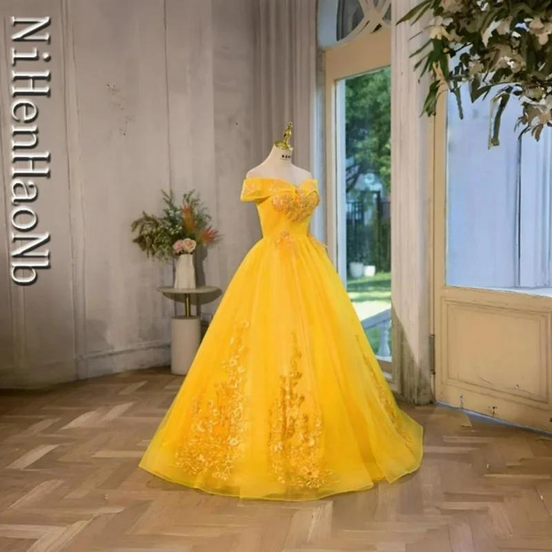 Summer New Yellow Quinceanera Dresses Luxury Lace Ball Gown