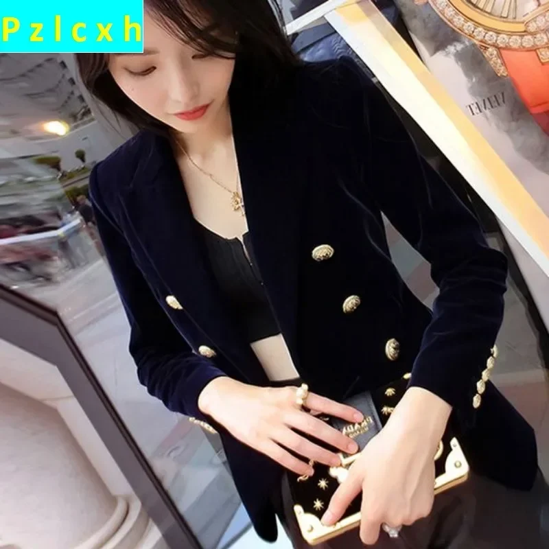 Women's Velvet Slim Fit Versatile Double Breasted Long Sleeve Solid Color Suit Top 2023 New Pleuche Small Suit Short Coat XS-2XL