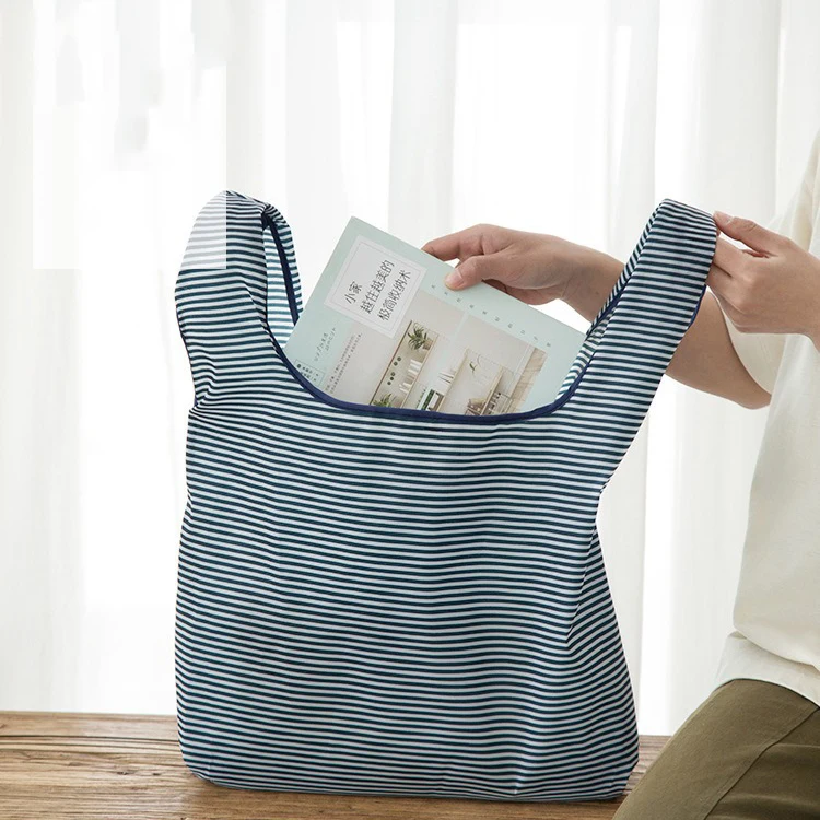 Foldable Reusable Eco-Friendly Grocery Tote with Striped Dots Design, Large Capacity & Portable