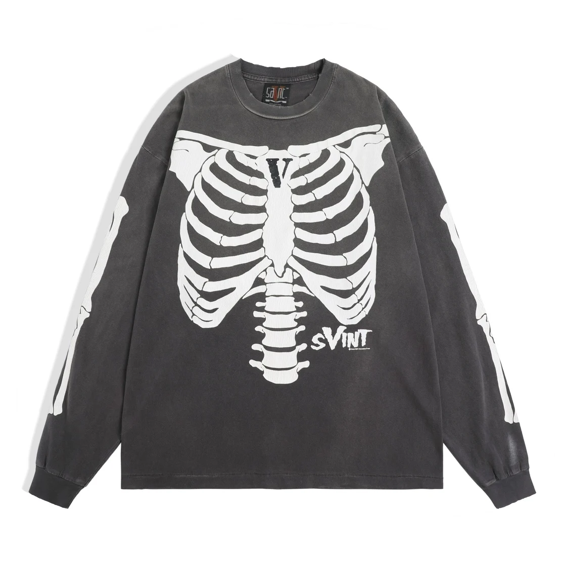 

Best Quality SAINT 22FW Collab BONE Long sleeve T-shirt destroyed vintage shirt oversize cracked skeleton print L/S t-shirt