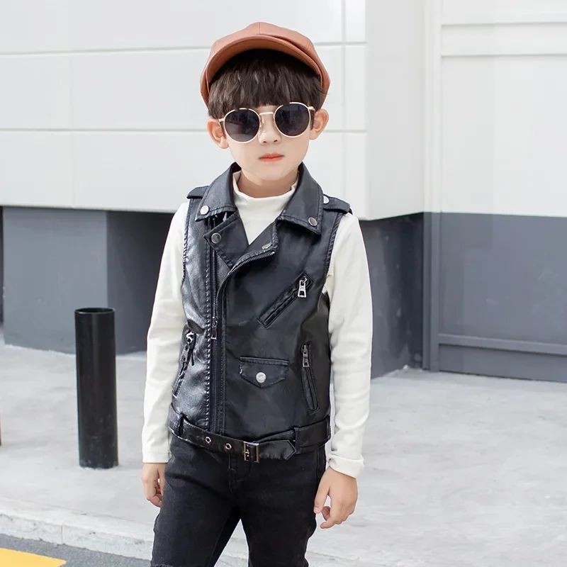 Children's Clothing Children's Leather Vest Versatile Motorcycle Lapel Spring Autumn New PU Leather Boy's and Girl's Vest Jacket