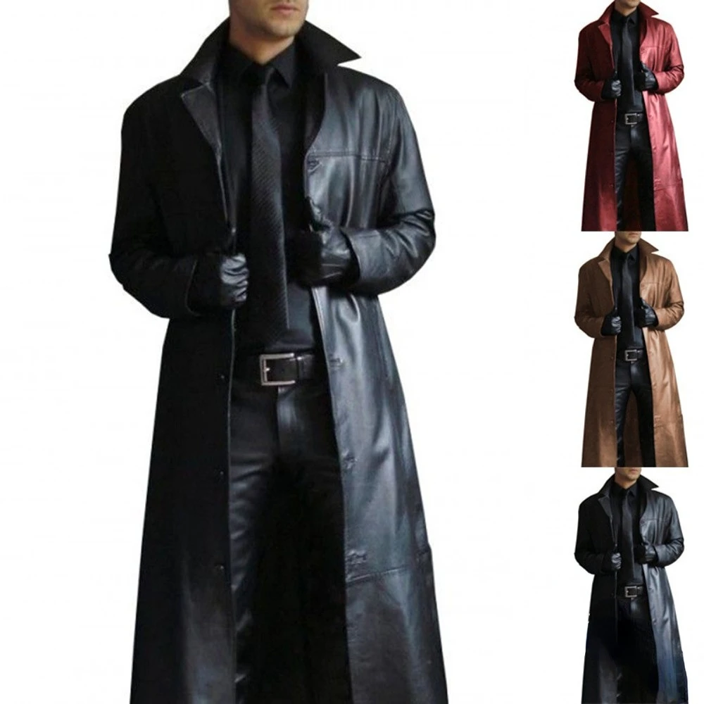 

New Trench Coats Men Jackets Men's Solid Color Trench Coat Slim Fit Leather Overwear Business Casual Long Leather Jacket