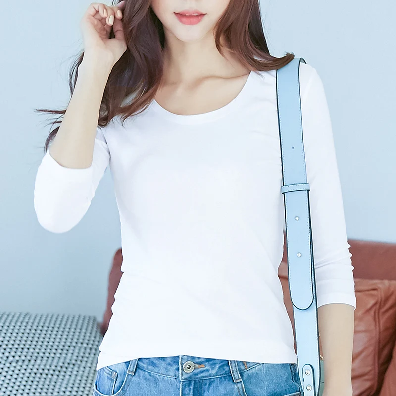 3/4 Sleeve T Shirt 96% Cotton & 4% Spandex Quality Women Spring Summer Top Slim Fit White Black O Neck Tees Casual Base Shirts 3