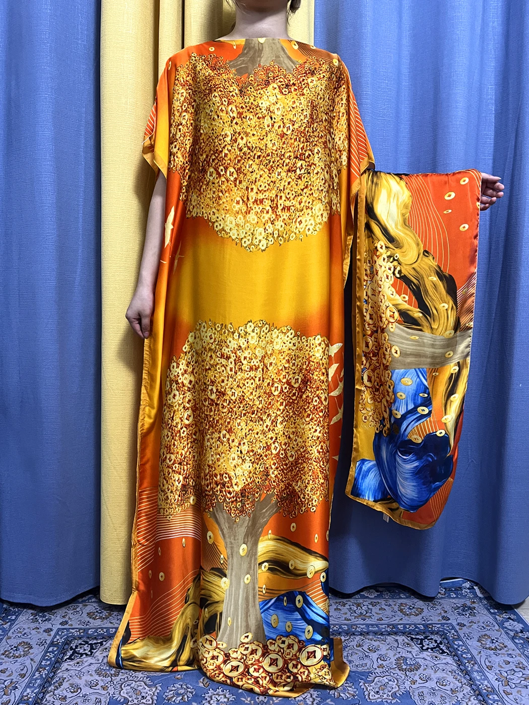 Muslim Abayas For Women 2023 Fashion New Summer Printed Tree Pattern Silk Loose Femme Robe African Islam Dresses With Headscarf