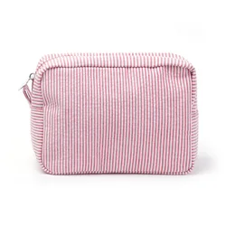 Custom Embroidered Seersucker Makeup Bag - Perfect Bridesmaid or Gift Idea - Custom Name (Red)