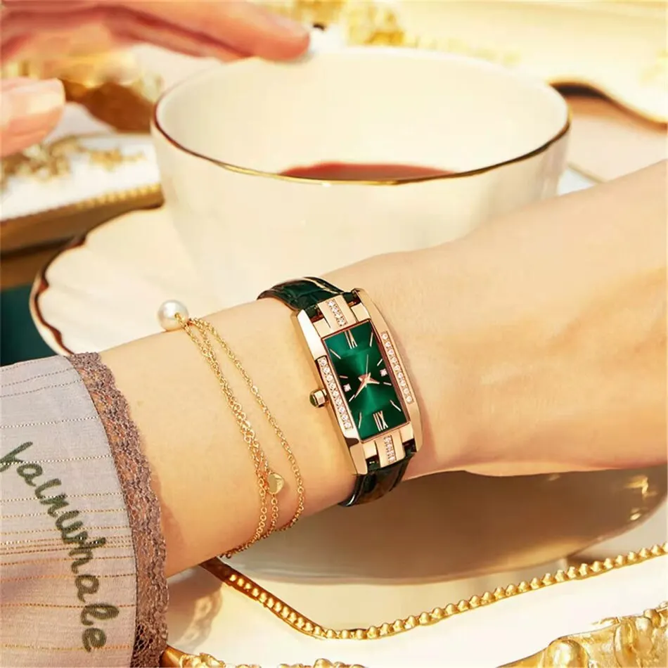 Womens Watch Fashion Square Ladies Quartz Watch Bracelet Set Green Dial Simple Leather