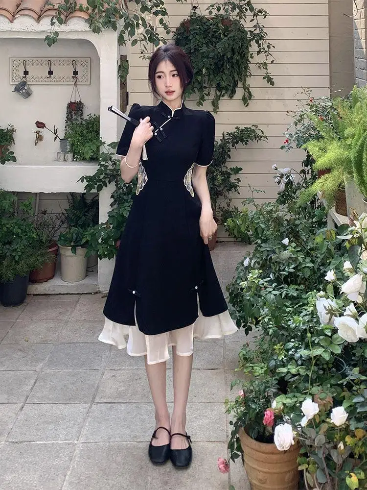

New Large Women's Summer Chinese Vintage Embroidery Splice Improved Qipao Dress Sexy Black Short Sleeve Mid Length Cheongsam