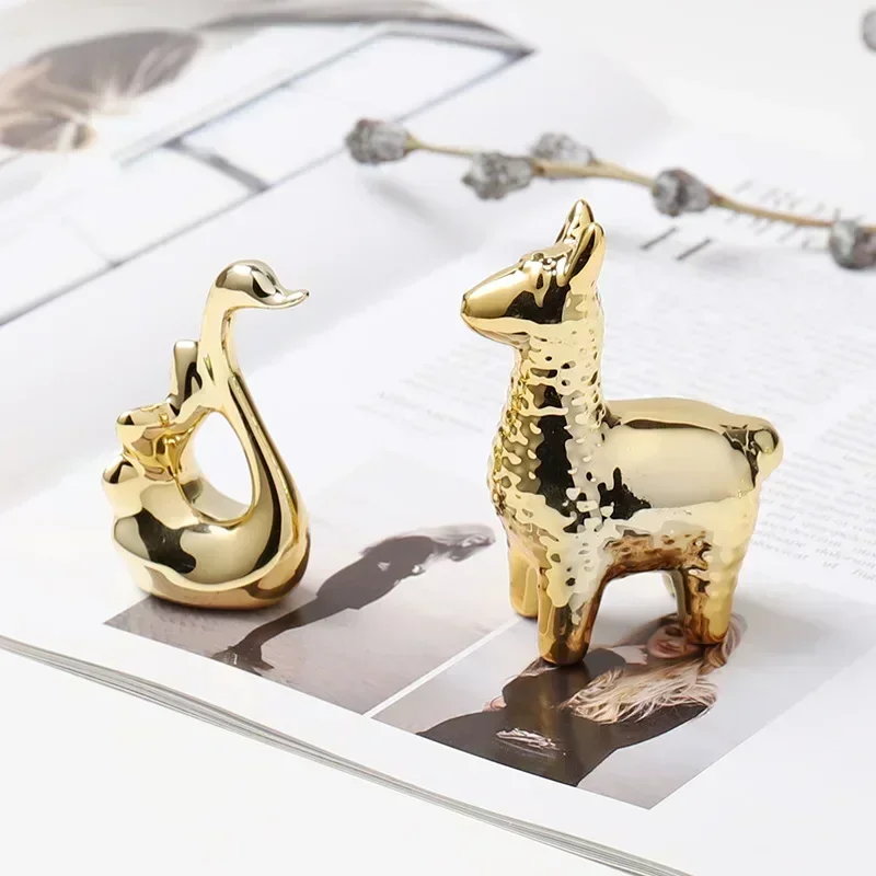 Small Gold Electroplate Ceramic Animal Figurines Swan Alpaca  Dog Cat Rabbit Fox Deer Porcelain Home Desk Decoration