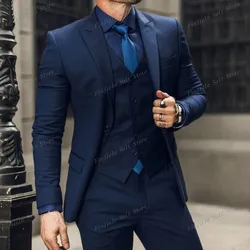 Navy Blue Men Suit Business Tuxedos Formal Occasion Groom Groomsman Wedding Party Prom Male 3 Piece Set Blazer Vest Pants