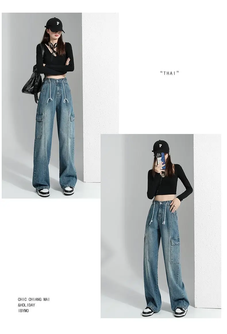 Spring Fall High Waist Vintage Cargo Pants Jeans for Girls Trendyol Women Korean Fashion Wide Leg Pants Jean Baggy Clothes Pant