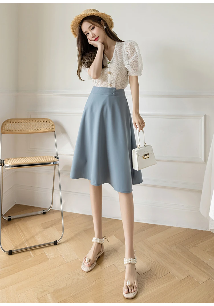 plaid skirt High Waist Women A-line Skirts New 2022 Spring Korean Style Plain Color All-match Knee Length Ladies Elegant Casual Skirt W1022 short skirt