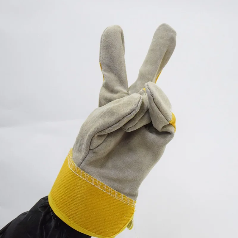 Welding gloves yellow cloth two-layer cowhide short welding gloves half leather labor protection welding gloves leather gloves 4