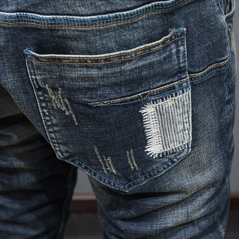 Italian Style Fashion Men Jeans Retro Black Blue Elastic Vintage Slim Ripped Jeans Men Embroidery Patched Designer Pants Hombre