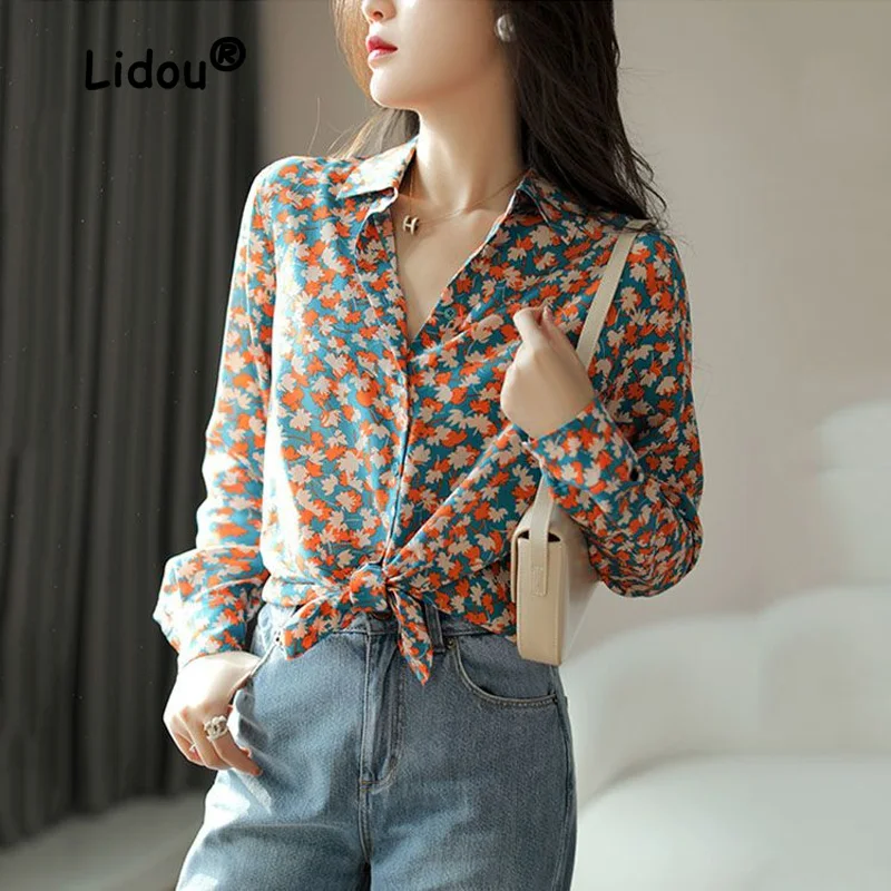 High Street Port Breeze Vintage Printing Chiffon Shirt New Long Sleeve Buttons Classic Polo Collar All-match Single-breasted Top french design suit women autumn winter 2022 celebrities gold buttons suit coat blazers for women high street