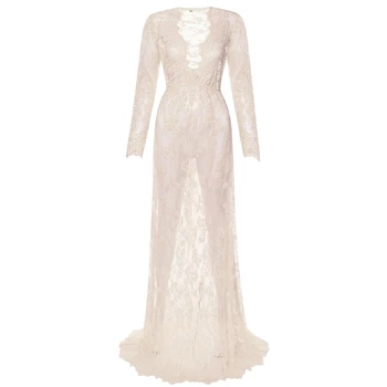 Easy Care Maternity V Neck Long Sleeve Sheer Lace Dress Bodycon Accent Trailing Train for Wedding Celebrations