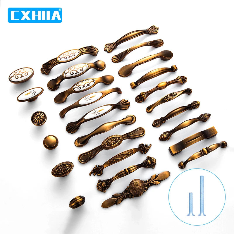CXHIIA 유럽 레트로 황동 캐비닛 문 손잡이 가구, 아연 합금, 갈색 골동품 손잡이, 갈색 단일 구멍, 구식 손잡이