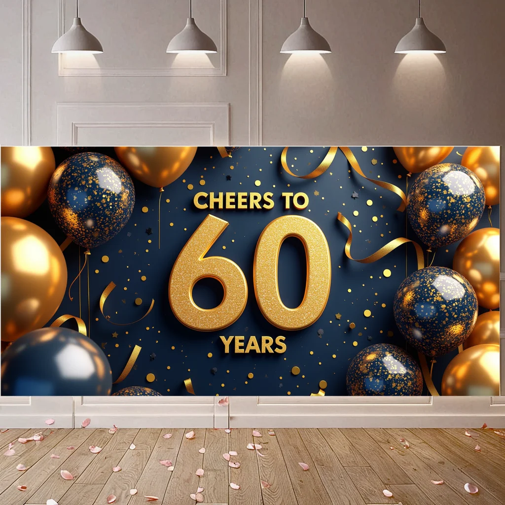 Prost auf 60 Jahre Banner-Hintergrund, glitzernder Ballon, 60. Jahrestag, Geburtstag, Party-Dekoration, Event, Fotografie, Hintergrund-Requisiten – Detail 9
