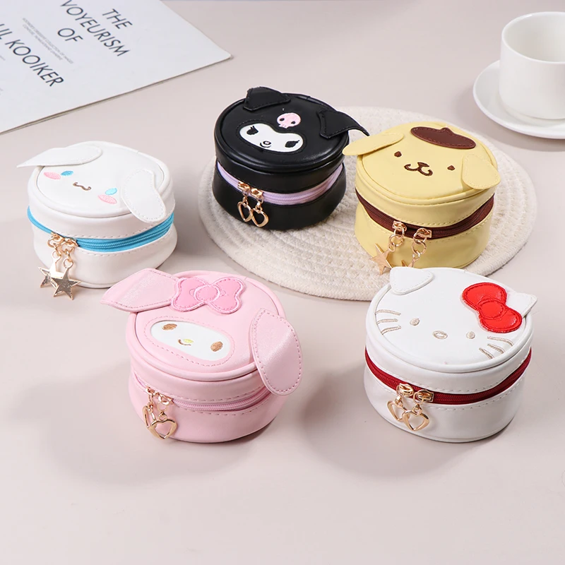 

Kawaii Sanrio Anime Series Cinnamoroll Kuromi My Melody Pom Pom Purin Hello Kitty Round Storage Jewelry Box Earphone Coin Purse