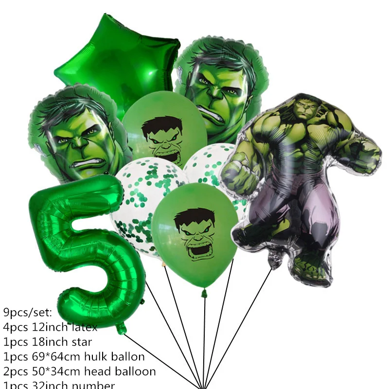 thumbnail image 1 of 9 piezas de globos de látex con temática de superhéroe Hulk, decoraciones para fiestas de cumpleaños, suministros para baby shower de superhéroes, globos para niños, 1 of 5