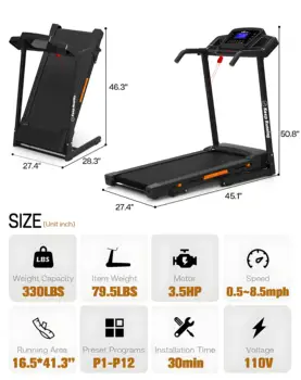 Foldable Electric Treadmill with Incline - 3.5HP Motor, Handrail Speed Control, Pulse Monitor, 12 Training Programs, Max 330lbs 4