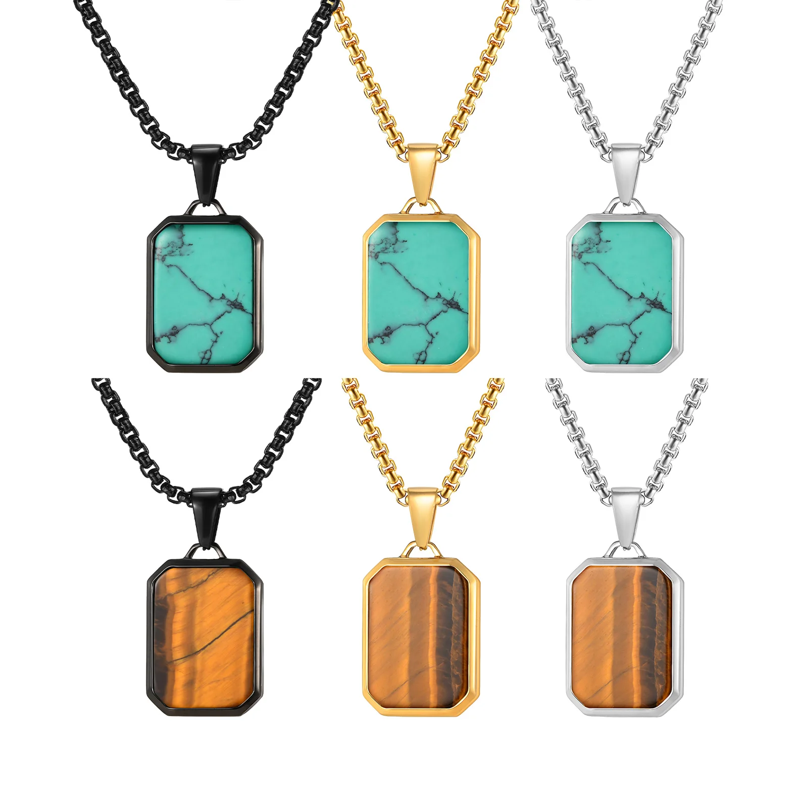 Vnox Multiple Nature Stones Geometric Dog Tag Pendent Necklace 55/60/70cm length Chain Stainless Steel Vintage Jewelry for Men