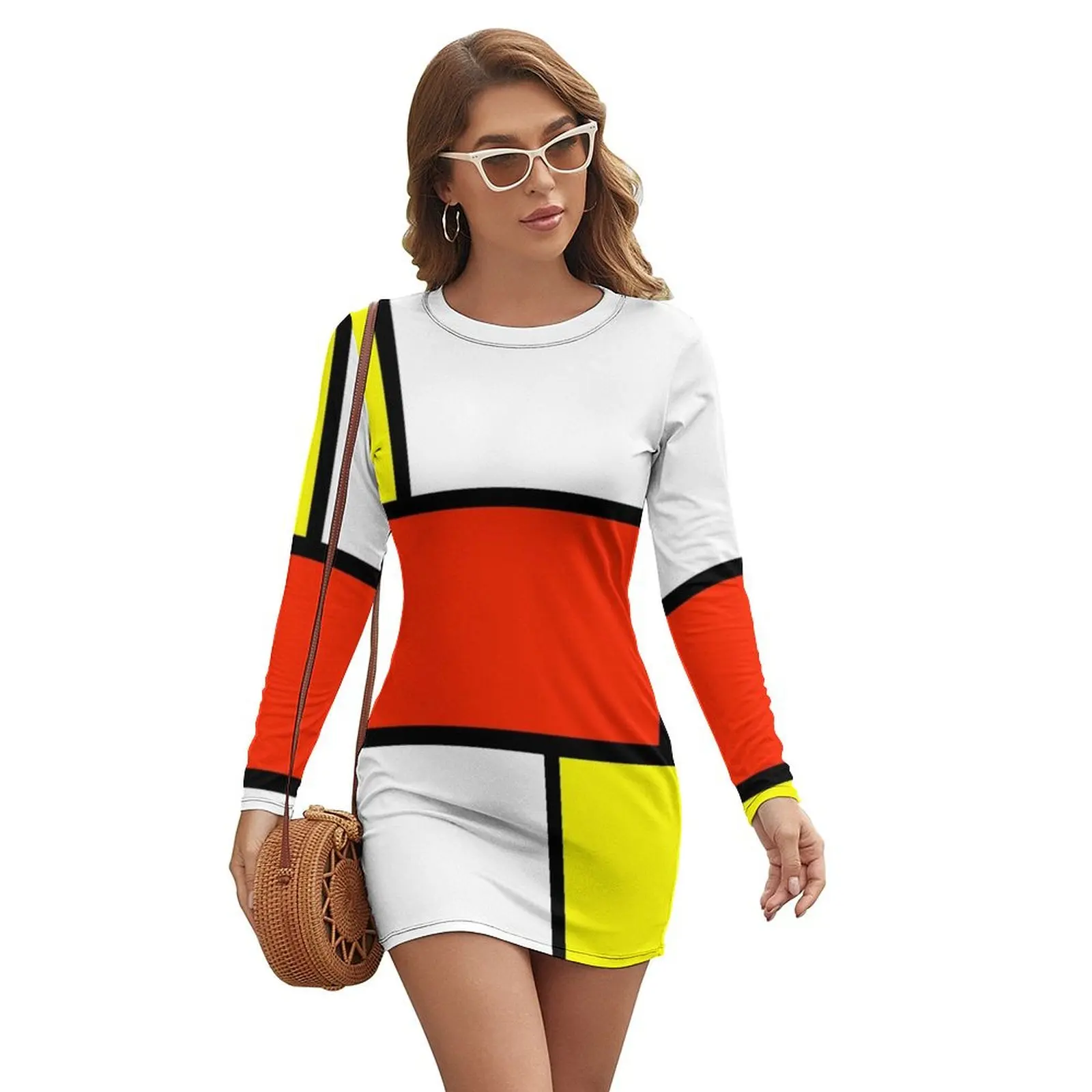 

Mondrian Art Style Long-sleeved Dress luxury evening dress woman for wedding sexy dress