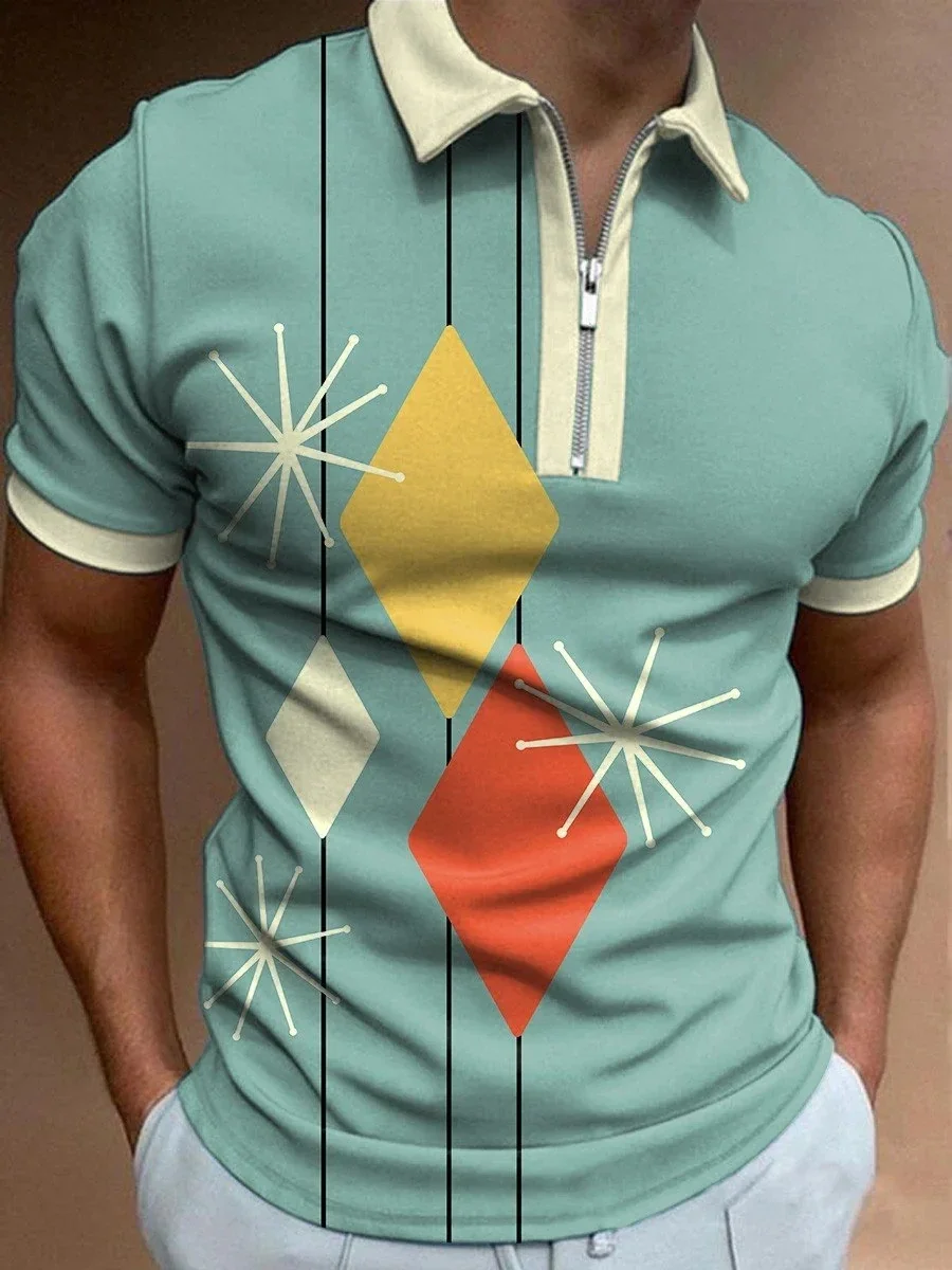

Men's Retro Geometric Pattern Polo Shirt 3D Printed Zip Up Polo Shirt Casual Collar Regular Fit Polo Shirt