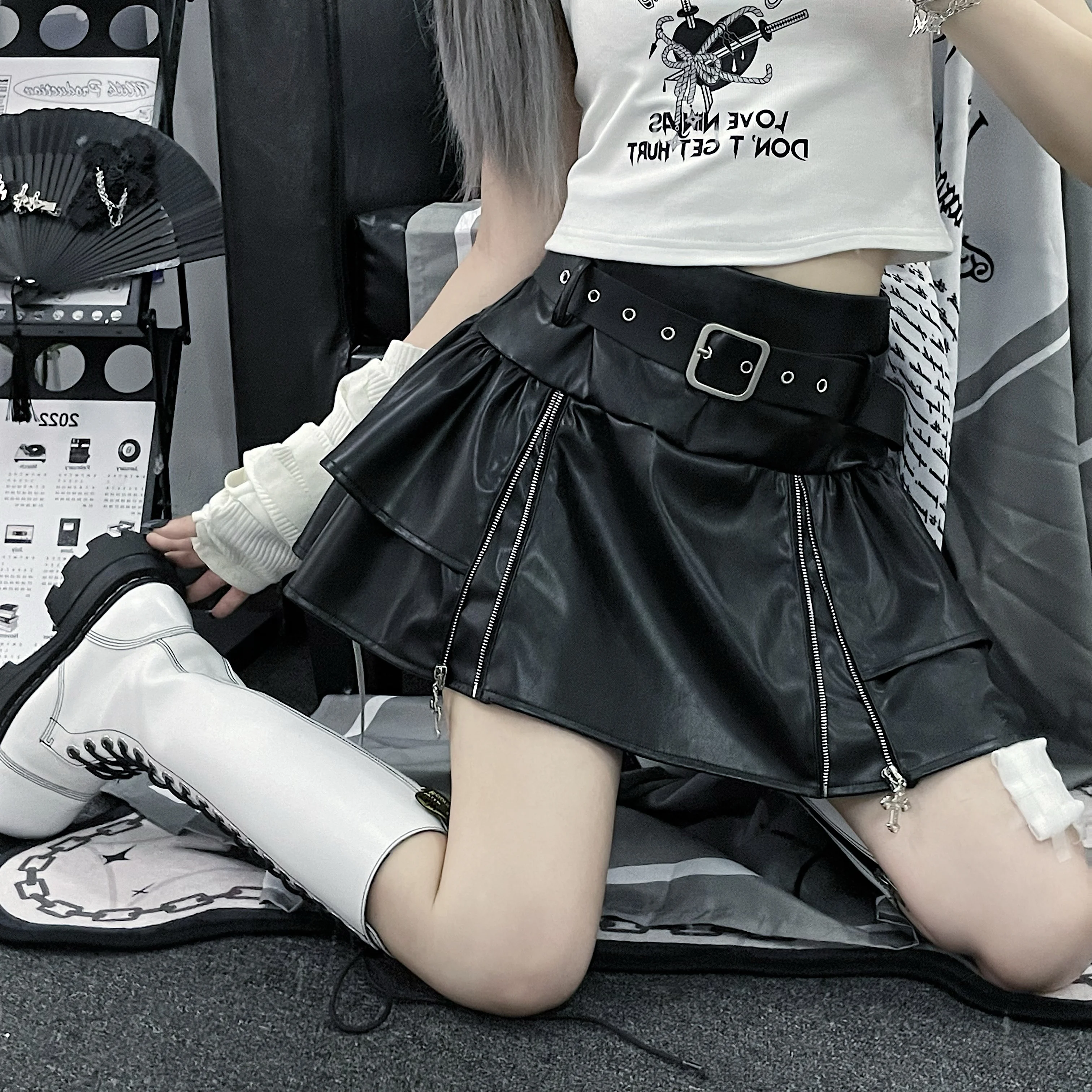 Ruibbit Original Short A-line Women PU Leather Skirt New Autumn Spice Girls Cross Metal Zipper Subculture Gothic Mini Skirts
